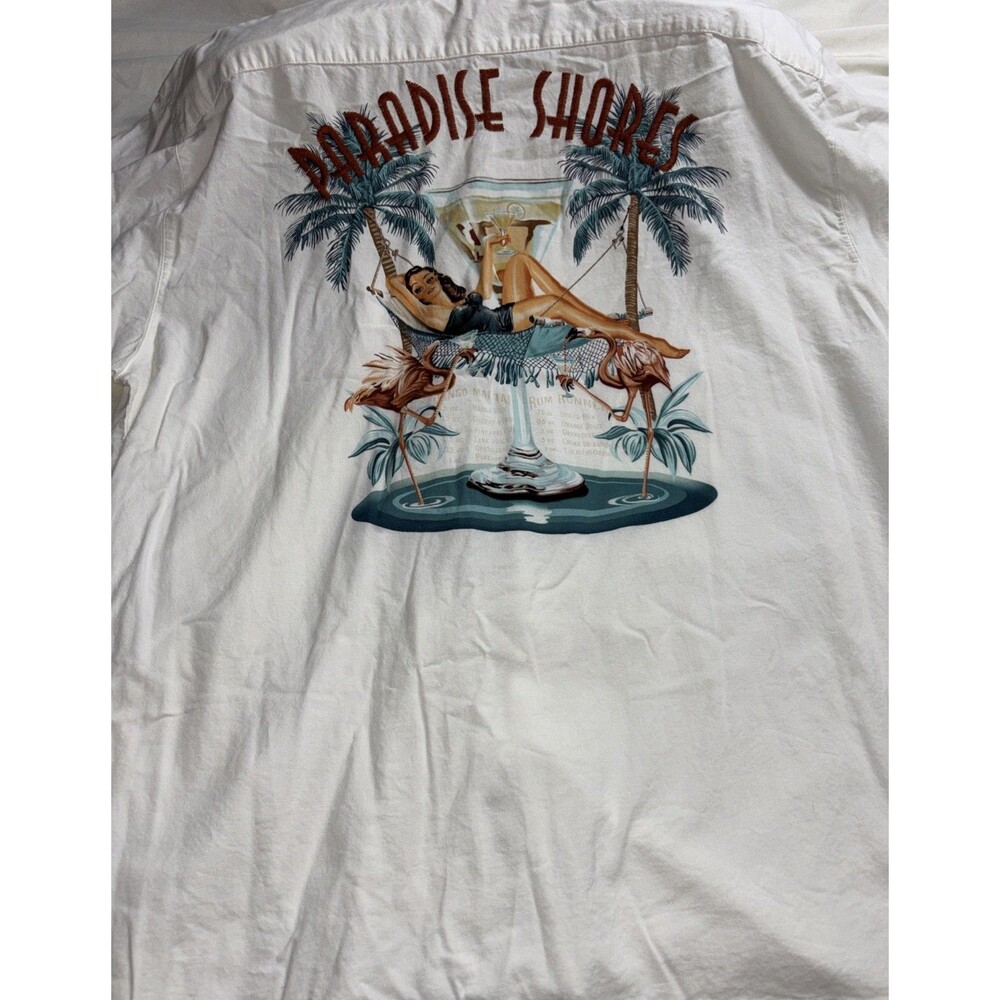 Paradise Shores Collard Button Up Shirt Pin Up Girl Flamingo Embroidery Beach A